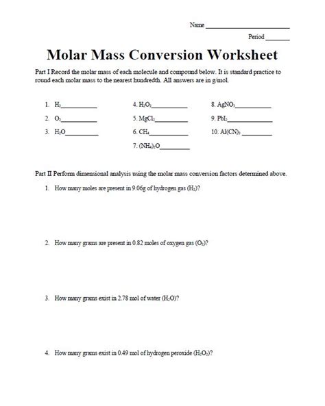 molar mass conversion practice worksheet