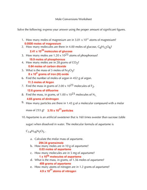 molar mass conversion practice worksheet answers