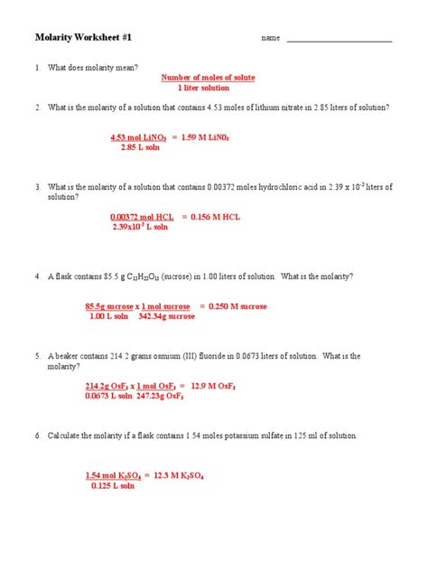 molarity problems worksheet answer key