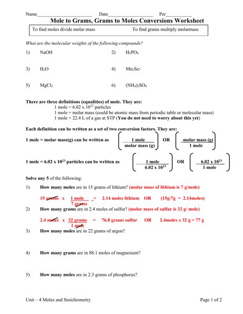Mole Conversion Worksheet With Answers Printable Math —