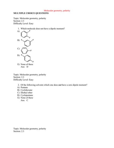 molecular geometry multiple choice questions