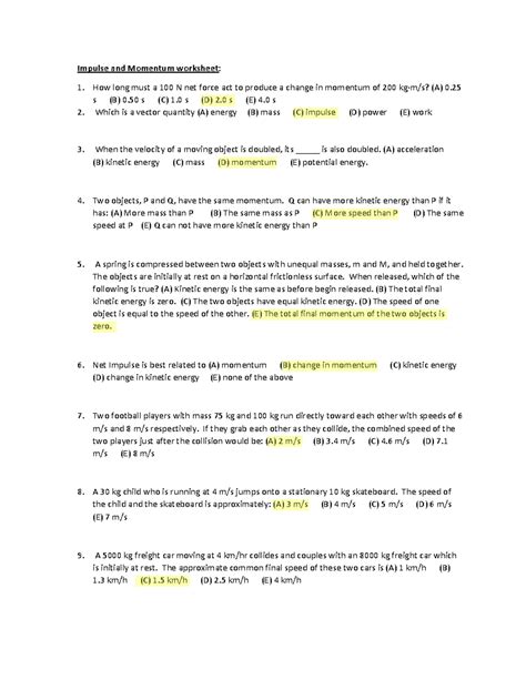 Momentum And Impulse Worksheet Answers Cstephenmurray WERT SHEET