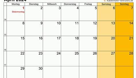 April 2024 Kalender mit Feiertagen