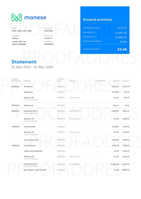 monese bank statement proof of address