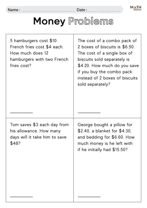 Money Math Problem Worksheets