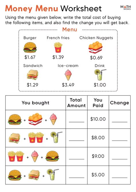 Money Menu Math Worksheets