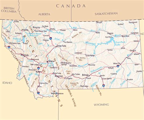 Large map of Montana state with relief, highways and major cities