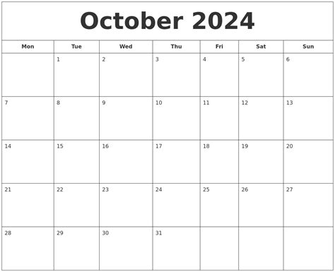 Monthly Calendar Template October 2024