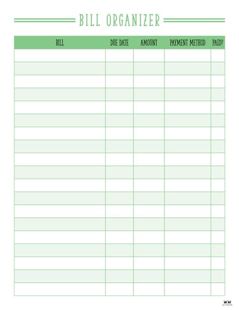 Monthly Bill Spreadsheet Printable