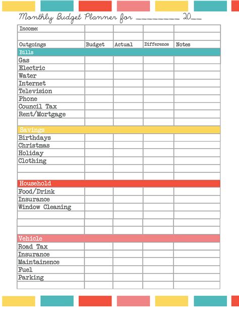 monthly budget planner template uk