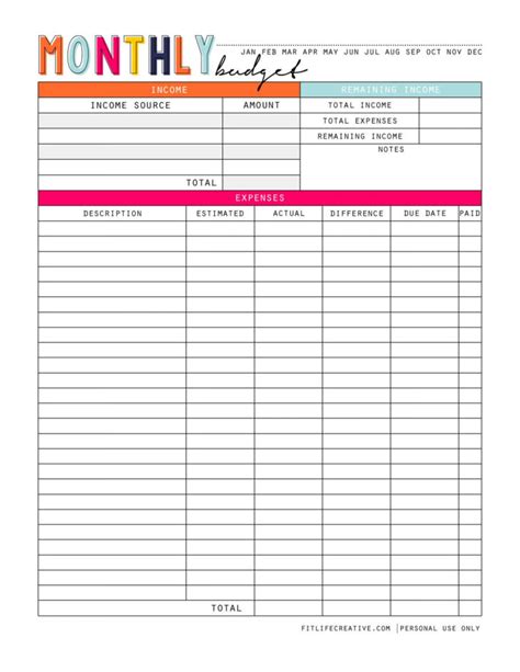 Monthly Budget Spreadsheet Printable