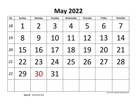 monthly calendar for may 2022
