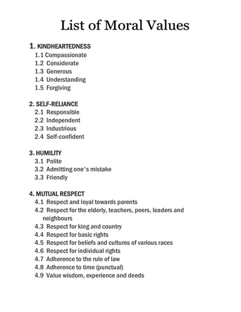 moral values list in english