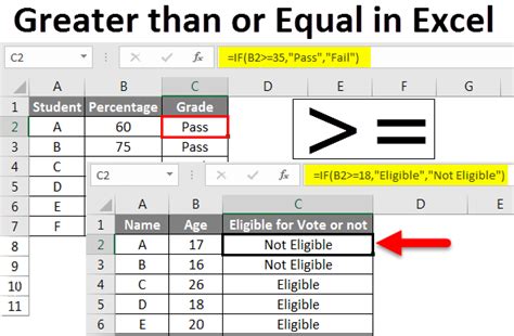 more than or equal to sign excel