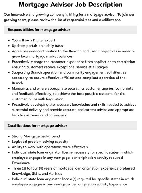 mortgage advisor description