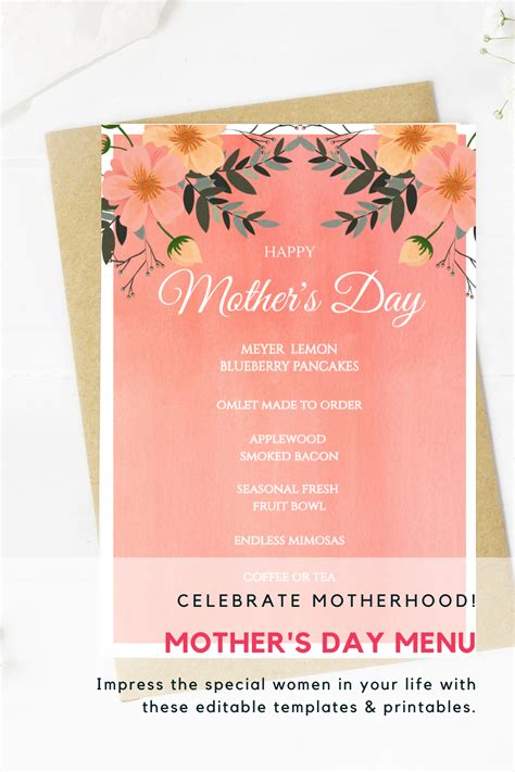 Mother's Day Dinner Menu Floral Menu Template 5 x 7 Etsy in 2020