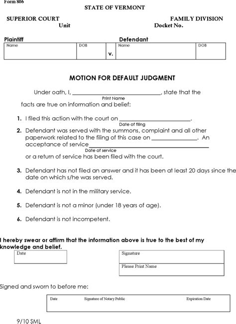 Motion For Default Judgment Vermont