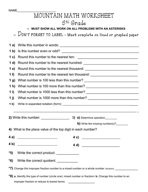 Mountain Math Worksheet 5Th Grade