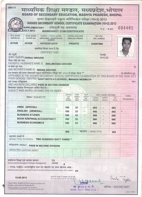 mp board 10 marksheet