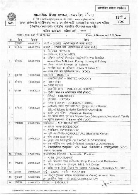 mp board 12th time table 2023