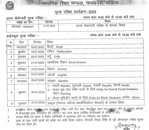 mp board class 10 time table 2023-24