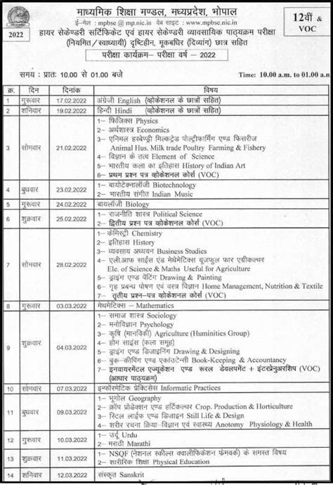 mp board class 12 date sheet