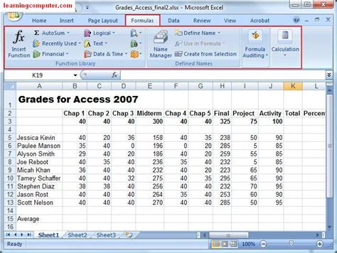 ms excel formulas tab functions