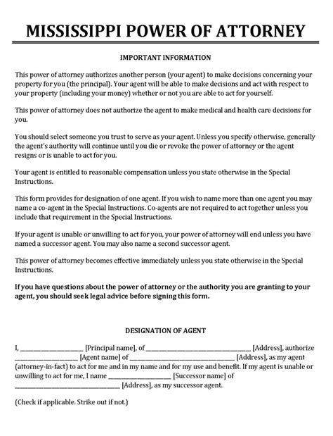 Free Mississippi Durable (Financial) Power of Attorney Form PDF