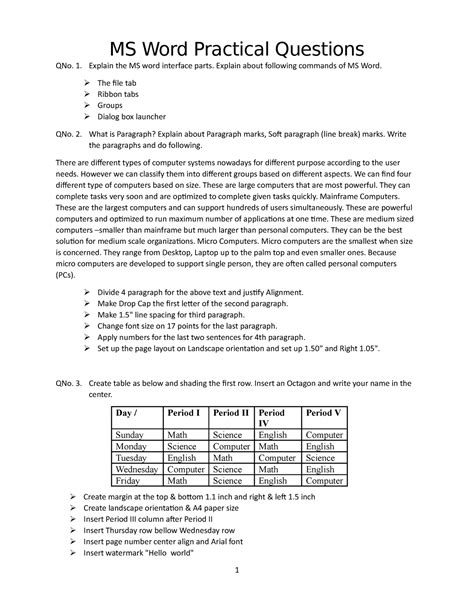 ms word question paper practical