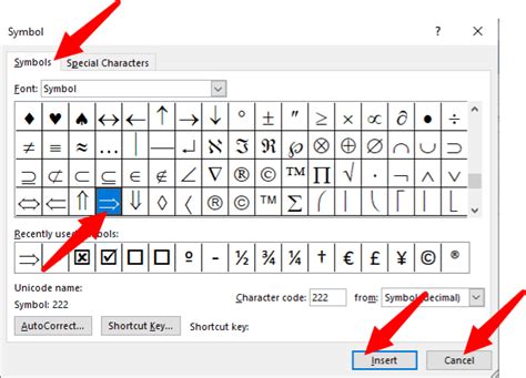 Ms Word Symbol Arrow