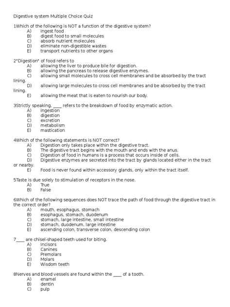 Multiple Choice Questions In Digestive System