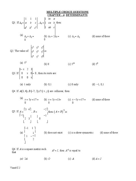 Multiple Choice Questions On Matrices And Determinants Pdf