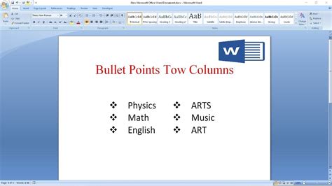 multiple columns of bullet points word