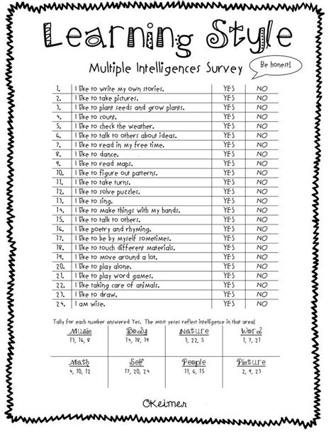 Multiple Intelligence Test Middle School Printable