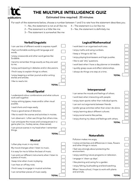 Multiple Intelligences Printable Test