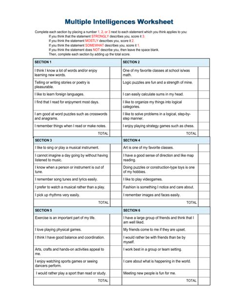 Multiple Intelligences Test For Elementary Students Printable