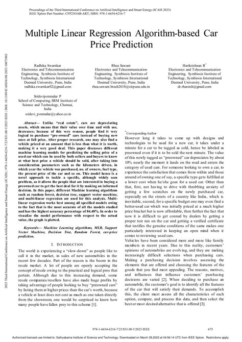 multiple linear regression algorithm based car price prediction