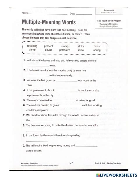 Multiple Meaning Words High School Printable Practice