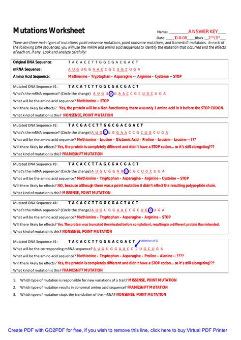 Mutations Worksheet Guide