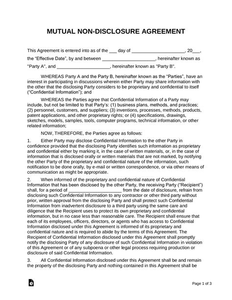 mutual non disclosure agreement sample pdf