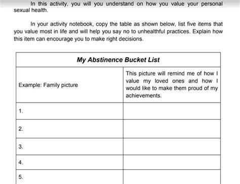 My Abstinence Bucket List With Explanation Brainly