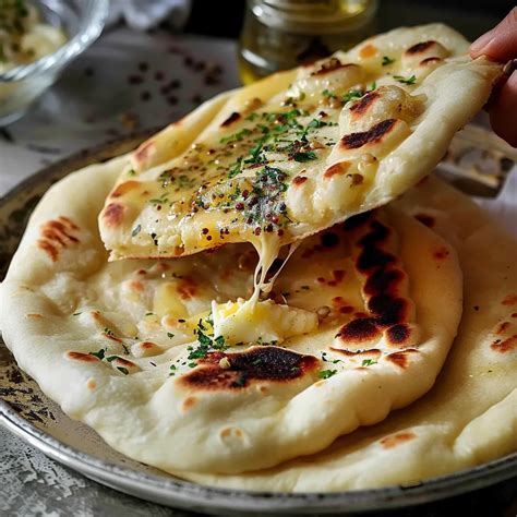 Naan fromage fraîchement préparé avec du fromage fondu dégoulinant