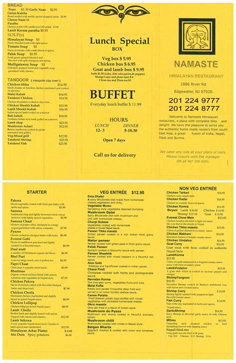 Namaste Edgewater Menu