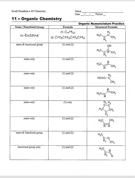 Chemistry Naming Organic Compounds Ws 1 (Hydrocarbons) Worksheet