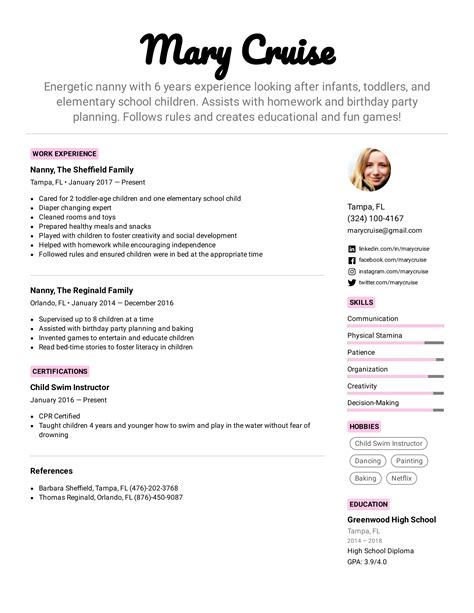 Nanny Childcare Resume Templates at