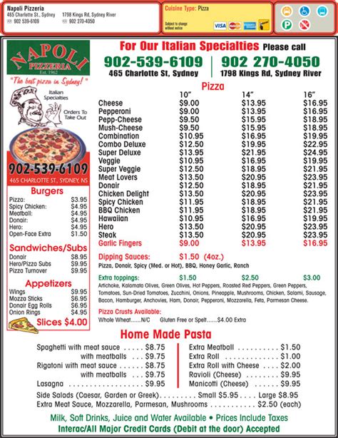 napoli pizza menu prices
