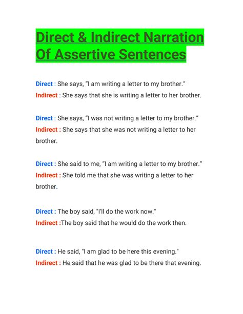 narration assertive sentence examples with answers