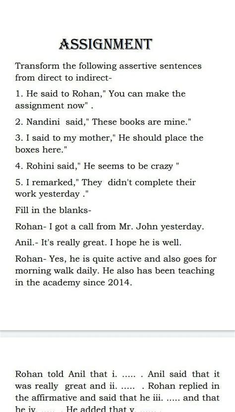 narration assertive sentences exercises with answers class 10