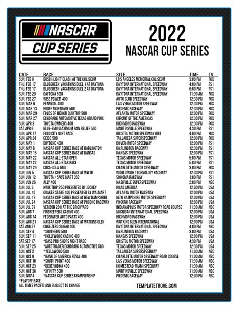 nascar schedule for 2022