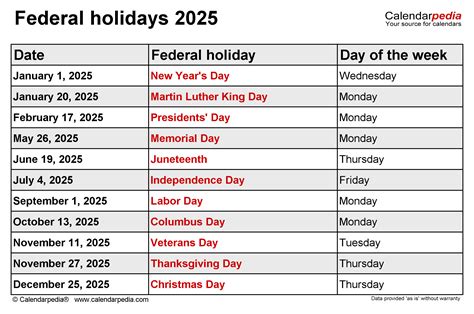 National Holiday Calendar 2025